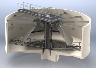 3D rendering of the internals of a Solids Contact Clarifiers, the most common design for softening, turbidity reduction, metals removal, flocculation, sedimentation, and related functions. They may also be referred to as reactor clarifiers or flocculating clarifiers in some cases.