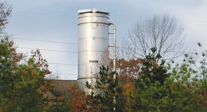 Installation of Air Stripping Tower for VOC removal 50 ft. x 13 ft. diameter stainless steel Air Stripping Tower for VOC removal at a potable water treatment plant