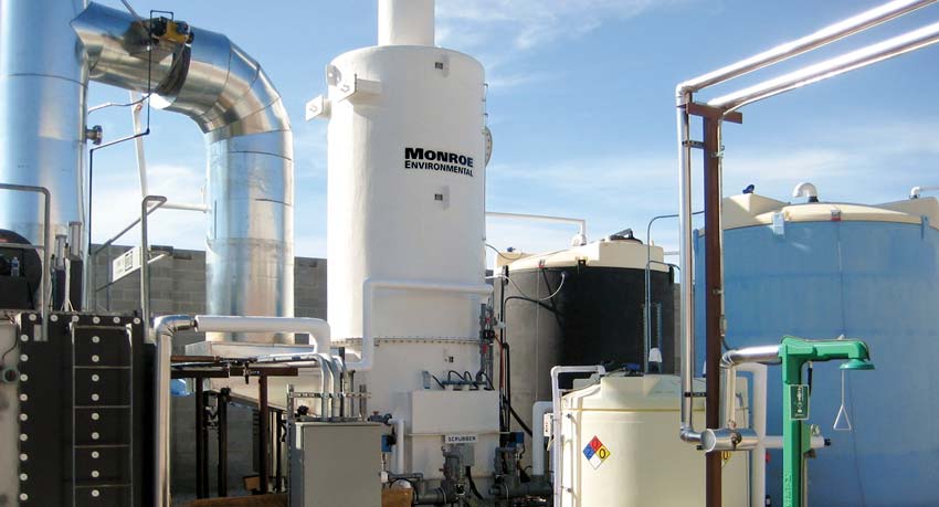 12,500 CFM Packed Tower Scrubber, FRP construction 12,500 CFM Wet Scrubber for Cl2, HCL, & SO2 removal from RTO exhaust, FRP construction
