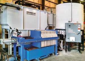 Horizontal Plate Clarifier with filter press for metal forming and stamping plant to remove solids, metals, and oils from e-coating operation wastewater