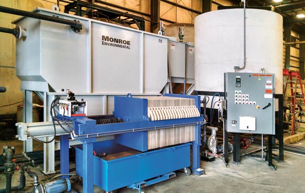 Horizontal Plate Clarifier with filter press for metal forming and stamping plant to remove solids, metals, and oils from e-coating operation wastewater