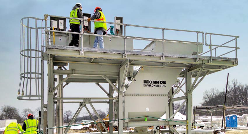 Vertical Clarifier for disc filter backwash with chemical mix tanks, access platform, ladder, and support structure