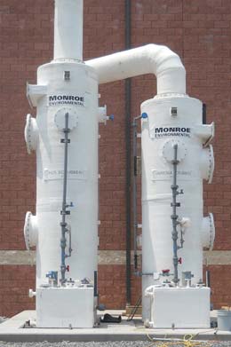 Two-stage Fume Scrubber for H2S & ammonia scrubbing Two-stage Packed Bed Fume Scrubber to remove acids and alkalines from dryer exhaust gas.