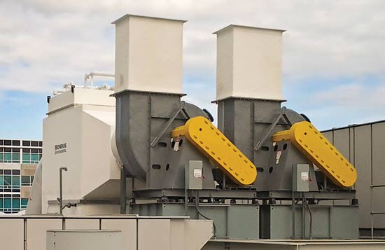 Dual-train exhaust ductwork with automated dampers and FRP fans