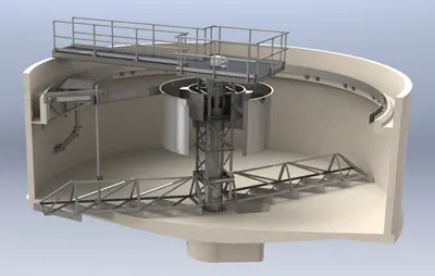 3D rendering of the internals of a Circular Clarifier standard scraper design