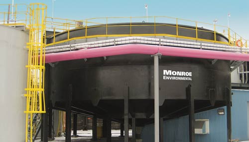 Circular Thickener for wastewater at steel processing plant 46 ft. diameter self-supporting Circular Thickener Clarifier for separating blast furnace scrubber fines from wastewater at a steel processing plant