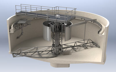 3D rendering of the internals of a Circular Clarifier spiral scraper design