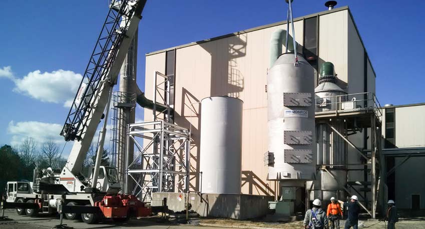 Installation of Packed Bed Scrubber for SO2 removal Packed Tower Scrubber for SO2 removal from waste incinerator exhaust, 316 stainless steel construction