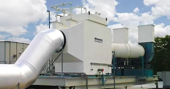 30,000 CFM horizontal chemical fume scrubber with polypropylene construction to remove chemical fumes emitted from acid-dip tanks at a semiconductor manufacturing facility.