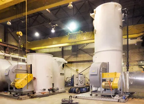 20,000 ACFM Packed Tower Scrubbers, FRP construction for liming drum exhaust. 20,000 ACFM Packed Tower Scrubbers, FRP construction for liming drum exhaust.
