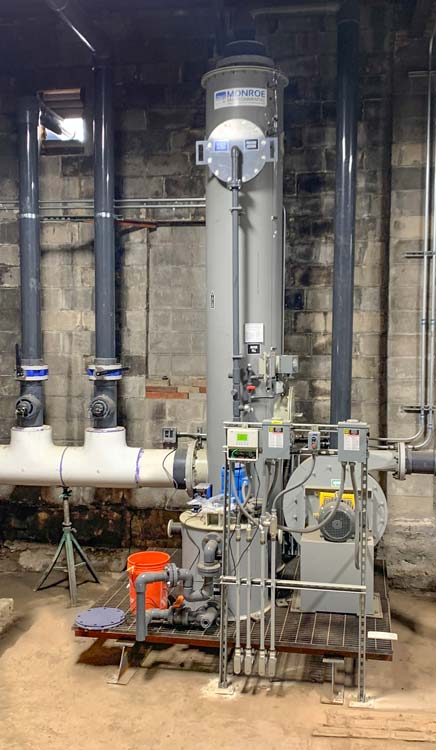 Scrubbing system to absorb leachate H2S fumes and other odors from wastewater treatment process