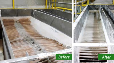 Before and after photos of a Vertical Clarifier rebuild for chemical wastewater treatment