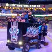 MEC employees and their families riding the Fanboni at a Toledo Walleye hockey game.