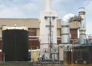 12,500 CFM Wet Scrubber for Cl2, HCL, & SO2 removal from RTO exhaust, FRP construction